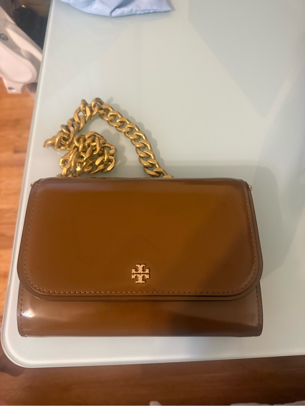 Tory Burch Brown Patent Leather Crossbody with Gold Chain